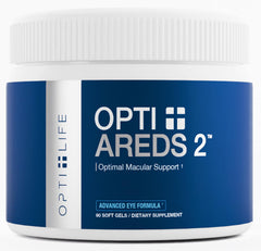 Opti Life MD AREDS2 softgels bottle shown for daily eye support.