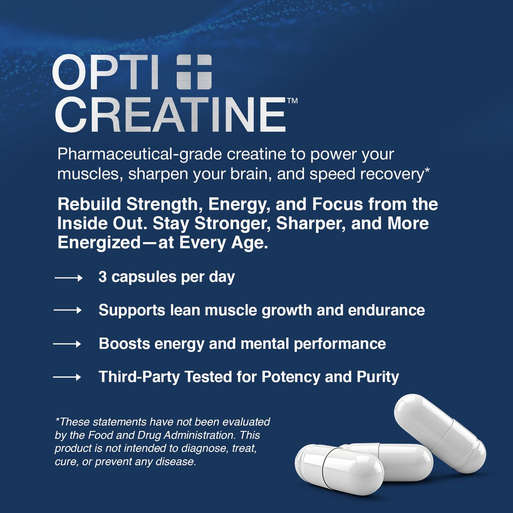 Close-up of Opti + Life MD Creatine capsules for easy absorption.