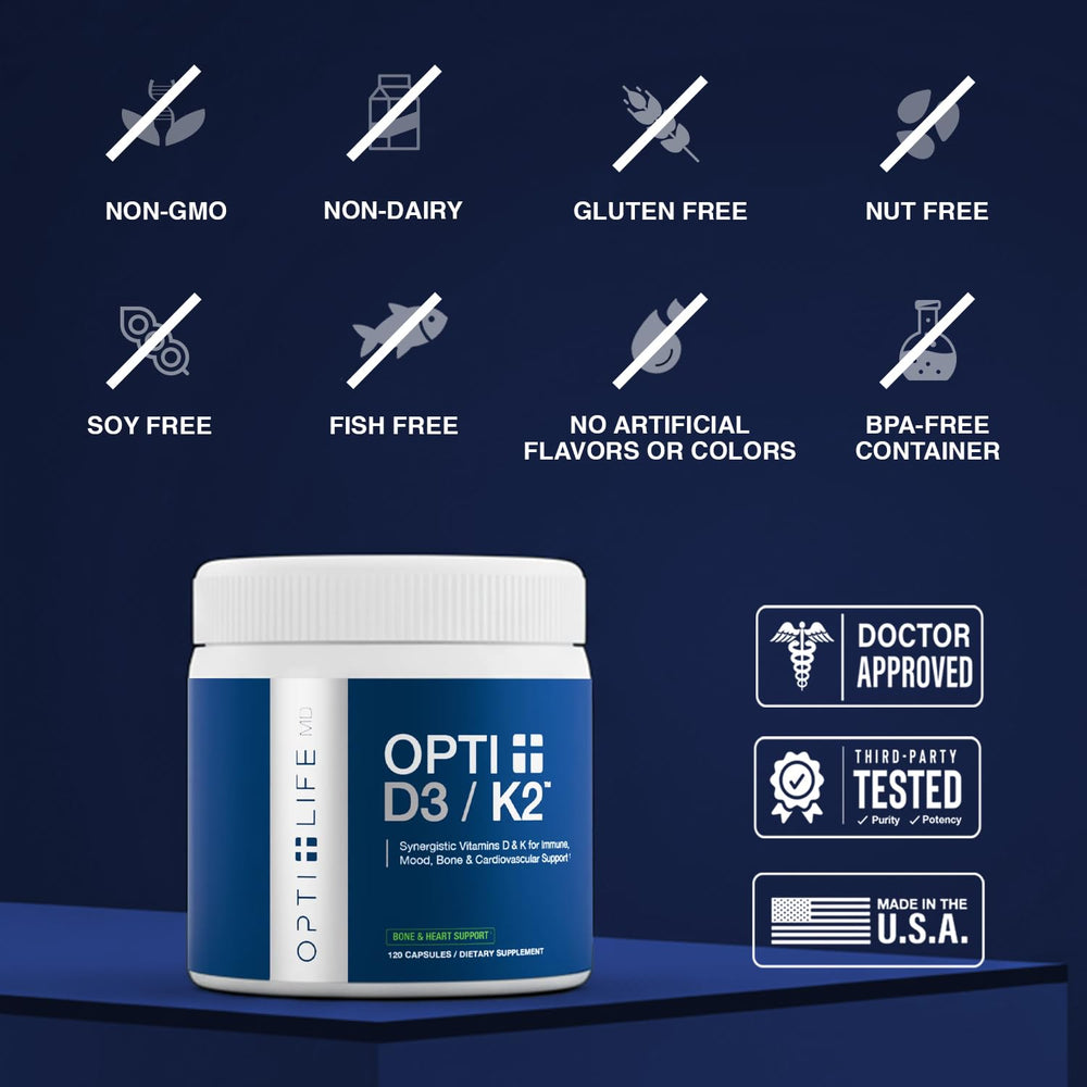 Opti Life MD OptiD3K2 label with clear nutrition information.