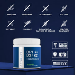 Opti Life MD OptiD3K2 label with clear nutrition information.