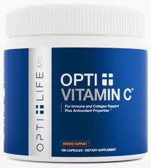 Opti + Life MD Vitamin C 1000mg capsules in a bottle for daily immune support.
