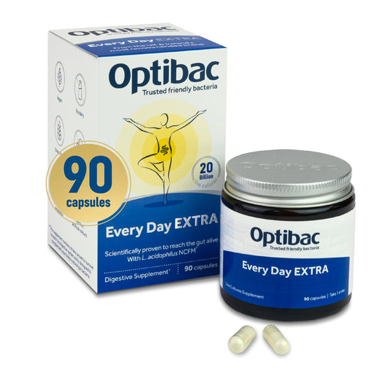 OptiBac For Every Day EXTRA bottle front showing daily probiotic support for gut health.