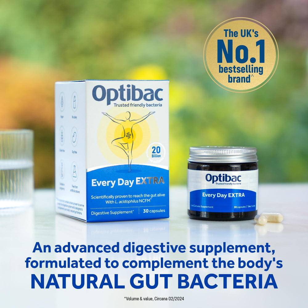 OptiBac For Every Day EXTRA capsules closeup highlighting 20 billion CFU per serving.