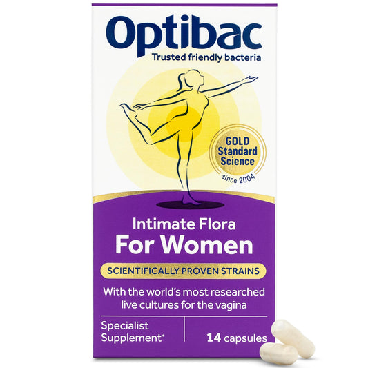 OptiBac For Women capsule close-up highlighting 2.3 billion live cultures per dose.