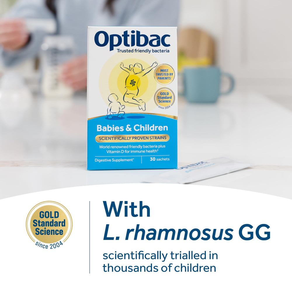 Optibac probiotic bottle pack shown for convenient family routine.