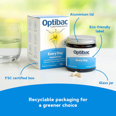 Optibac Probiotics Every Day capsules beside a glass of water for easy daily use.