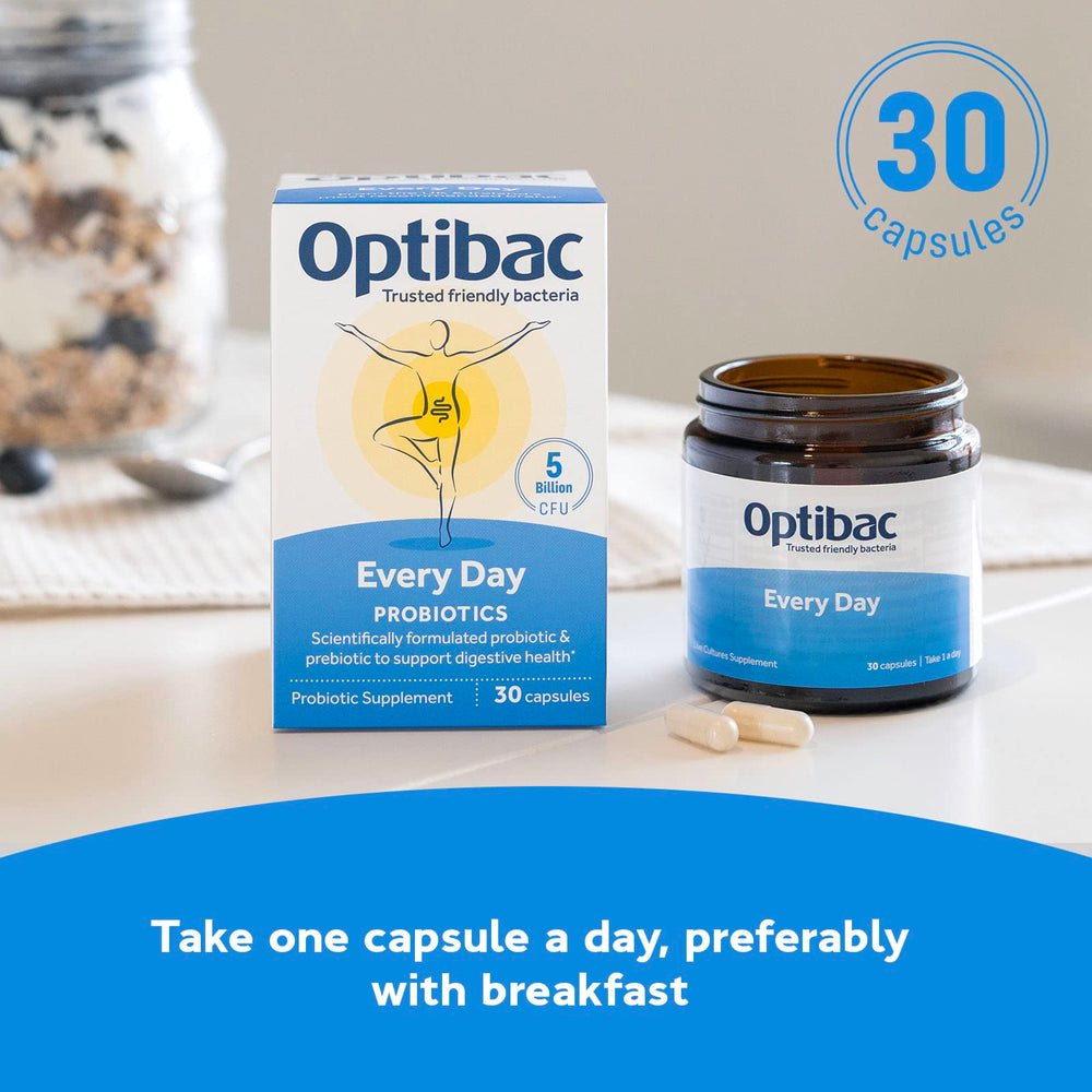 Optibac Probiotics Every Day on a kitchen counter suggesting routine use.