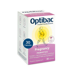 Optibac Probiotics Pregnancy bottle showing vegan probiotic capsules for expectant and breastfeeding wellness.