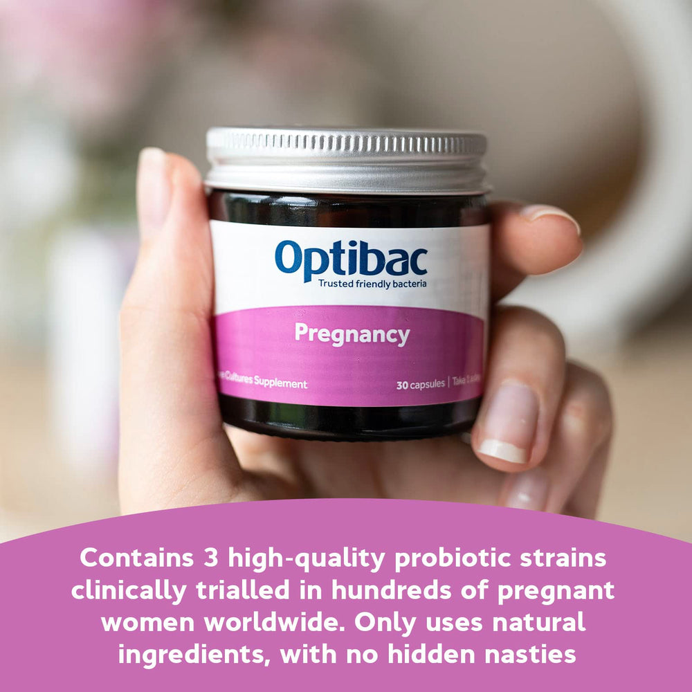 Optibac Probiotics Pregnancy label highlighting vegan formula and 30-day supply.