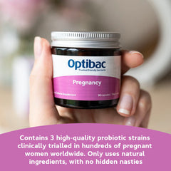 Optibac Probiotics Pregnancy label highlighting vegan formula and 30-day supply.