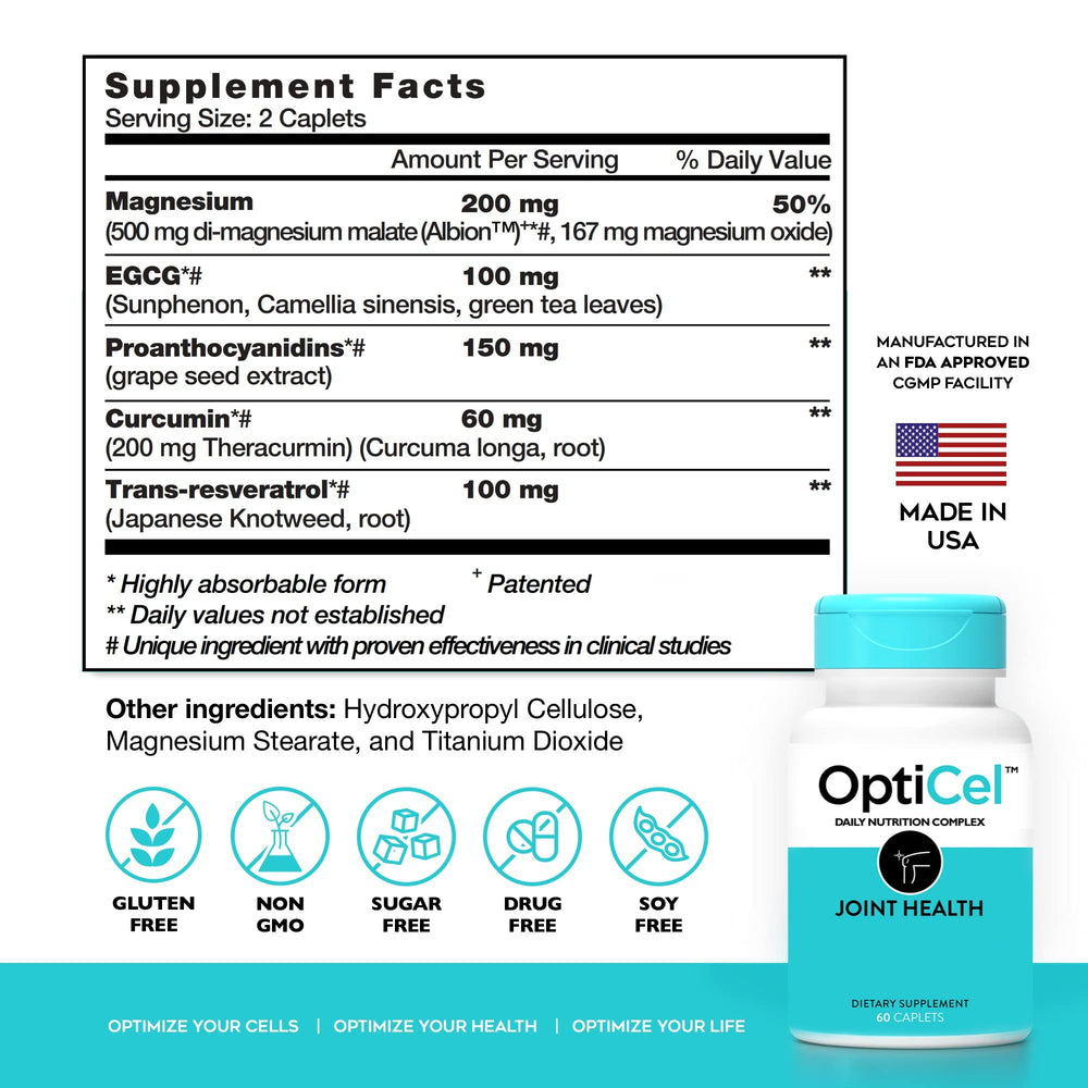 OptiCel Joint Health capsules close-up highlighting easy-to-swallow daily joint support