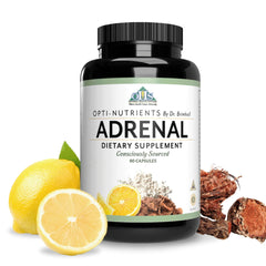Opti-Adrenal de Optimal Health Systems, botella frontal, energía sostenida para el día.