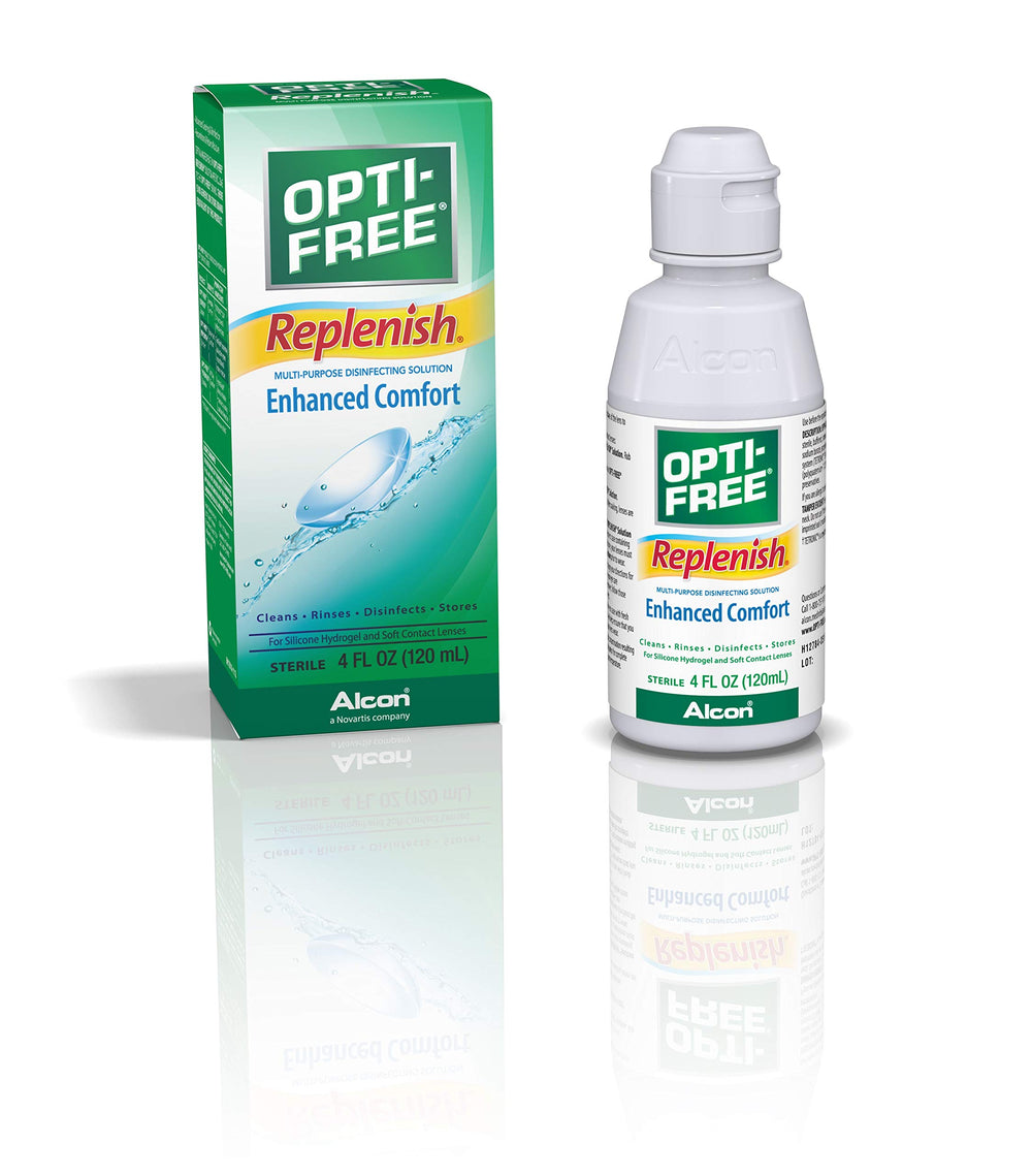 Opti-Free Replenish bottle label close-up for quick product recognition.