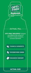 Opti-Free Replenish solution overview label highlights disinfection and moisture.