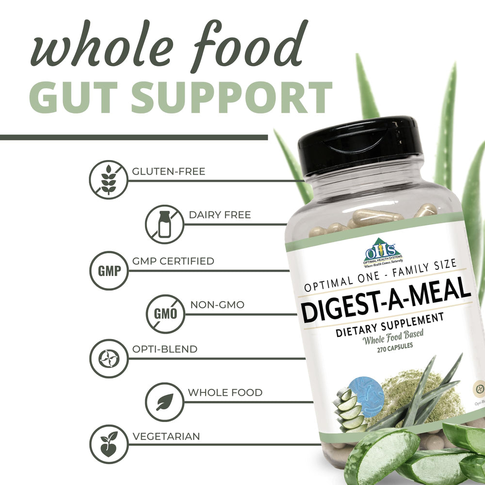 Digest-A-Meal Aloe vera leaf image as a botanical addition.