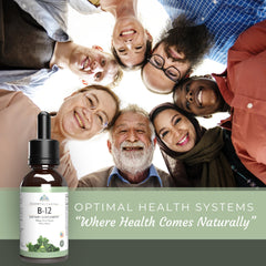 Optimal Health Systems Essential B-12 Drops gluten-free, dairy-free label for diet compatibility