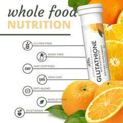 Optimal Health Systems Essential Glutathione wafers ingredients glass shows tri-peptide glutathione and electrolytes.