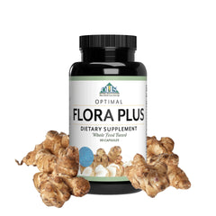 Optimal Health Systems Flora Plus bottle closeup for daily digestion support.