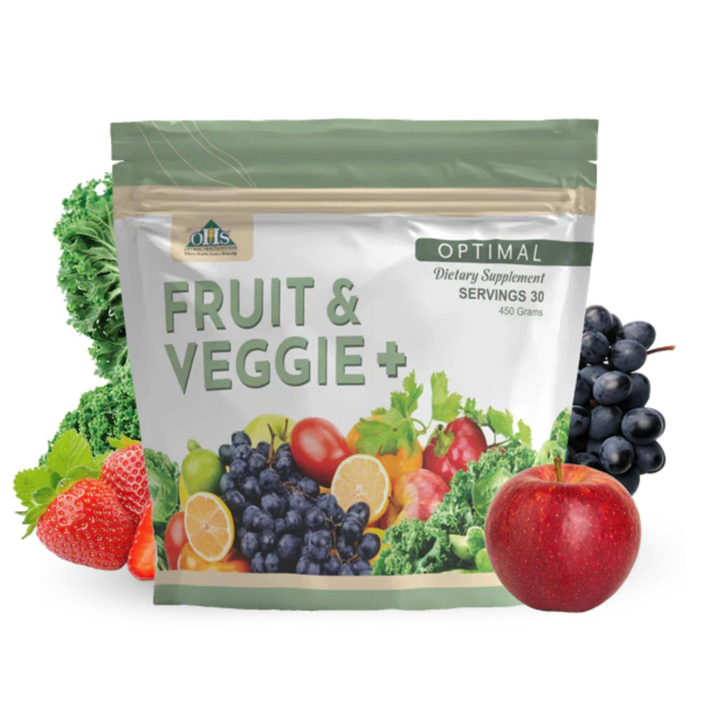 Optimal Health Systems Fruit & Veggie Plus bottle for daily wellness support.