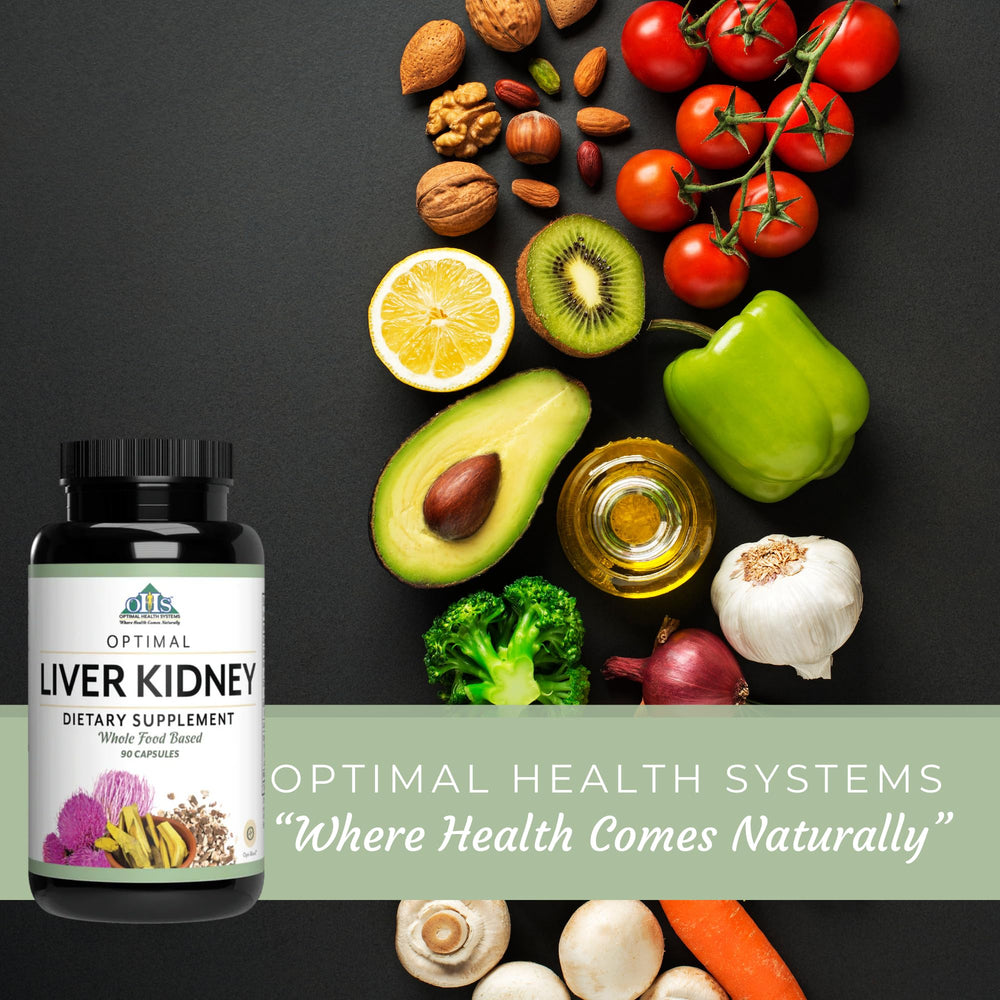 Optimal Health Systems Liver/Kidney detox capsules closeup for convenient daily intake