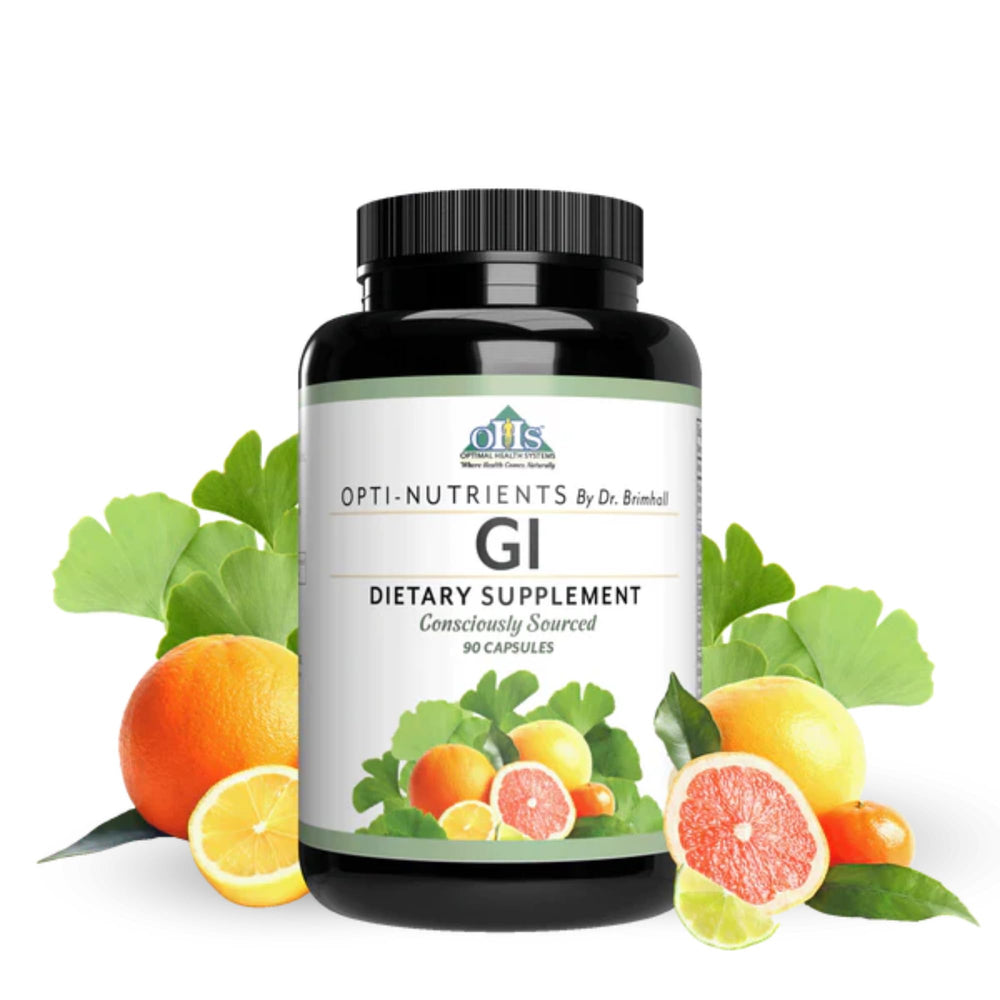 Opti-GI bottle by Optimal Health Systems for daily digestive support on the go.