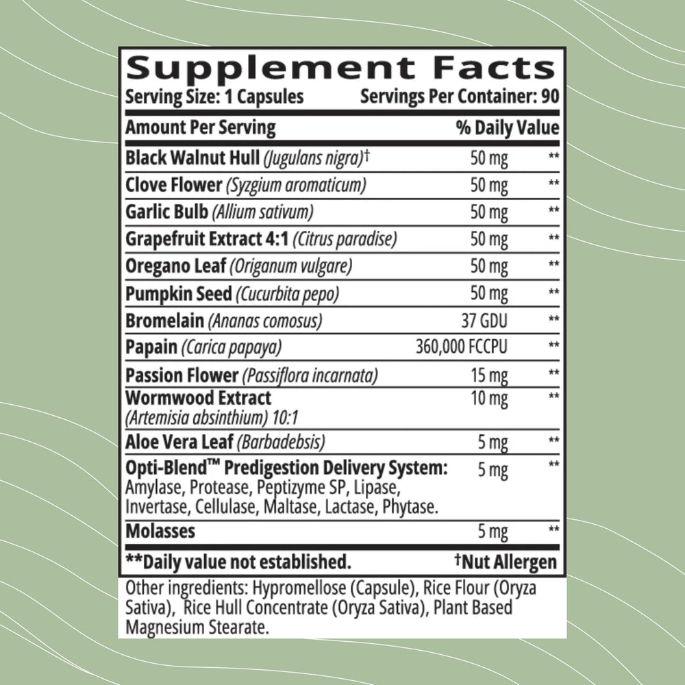 Opti-Para label highlights natural ingredients and clean formula