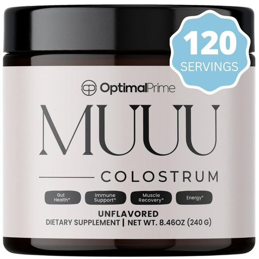 Optimal Prime MUUU bovine colostrum powder jar with four-month supply for gut support.
