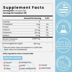 Optimal Prime MUUU colostrum powder scoop beside powder for easy daily mixing.