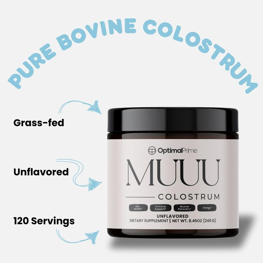 Optimal Prime MUUU colostrum powder dissolved in water shows ready-to-drink consistency for digestion support.