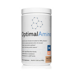 OptimalAmino iced coffee powder in a tub, ready for a pre-workout mix and flavor enjoyment.