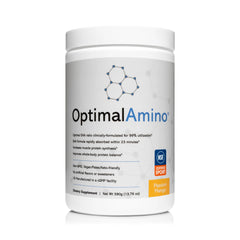 OptimalAmino powder tub front view highlighting NSF quality and clean fueling.