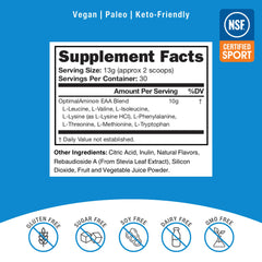 OptimalAmino scoop-dispensing powder demonstrates convenient pre/post-workout use.