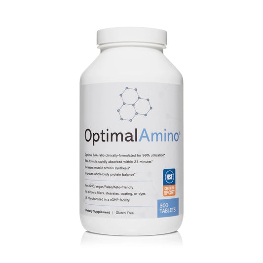 OptimalAmino tablets bottle close-up showing NSF Certified for Sport quality and clean formula for active recovery.
