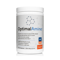OptimalAmino Tangerine powder bottle enhances post-workout recovery with refreshing flavor.