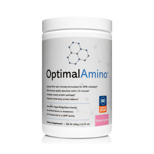 OptimalAmino watermelon powder tub for post-workout refreshment and easy mixing.