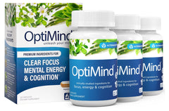 Optimind bottle front view signaling daily cognitive support for focus.
