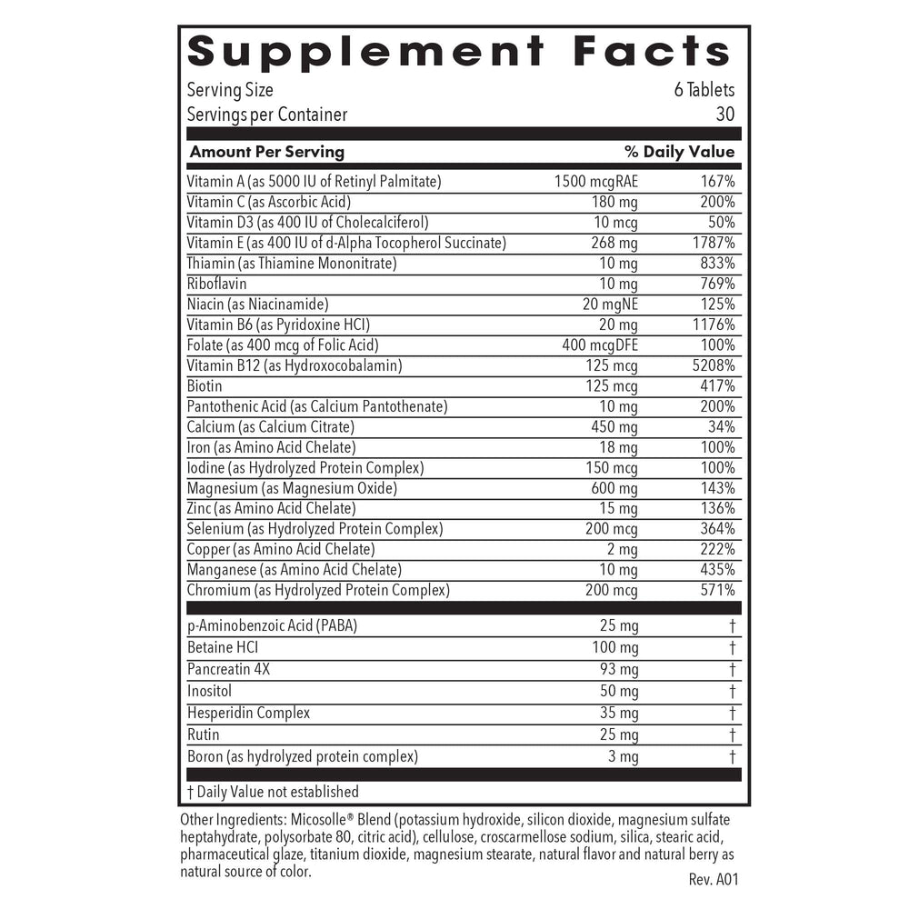 Optimox Gynovite ingredients nutrition facts panel featuring essential vitamins and minerals.