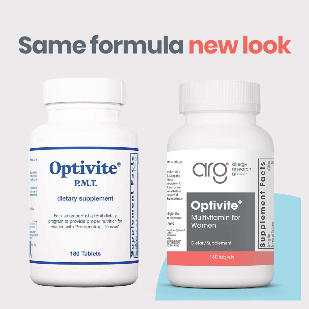 Optimox Optivite PMS tablets close-up showing dosage details for balance