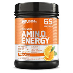 Optimum Nutrition Amino Energy orange cooler tub showing flavor and energy potential.