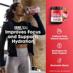 Optimum Nutrition Amino Energy Strawberry Burst glass of pink drink supporting focus