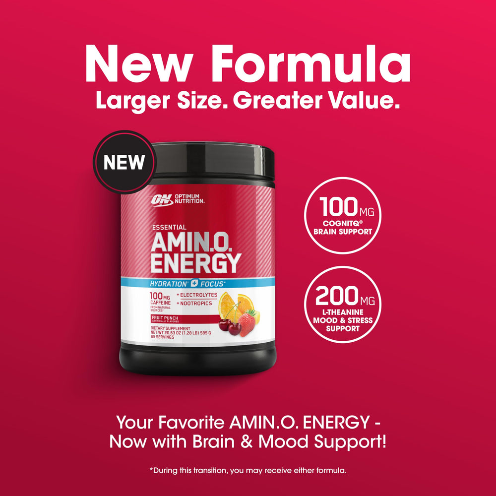 Optimum Nutrition Amin.O. Energy Powder label closeup reveals natural-source caffeine and electrolytes.