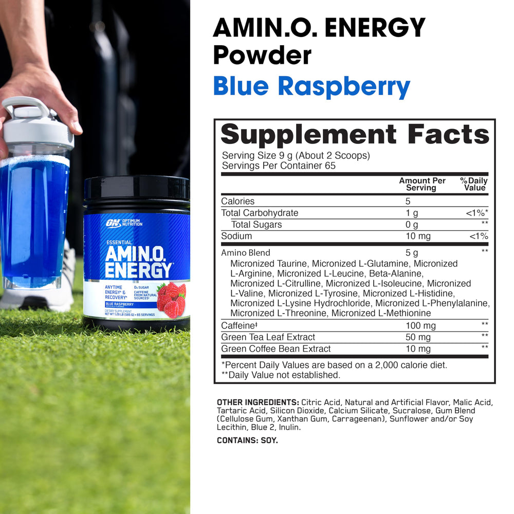 Optimum Nutrition Amino Energy blue raspberry powder dissolving in water for quick energy