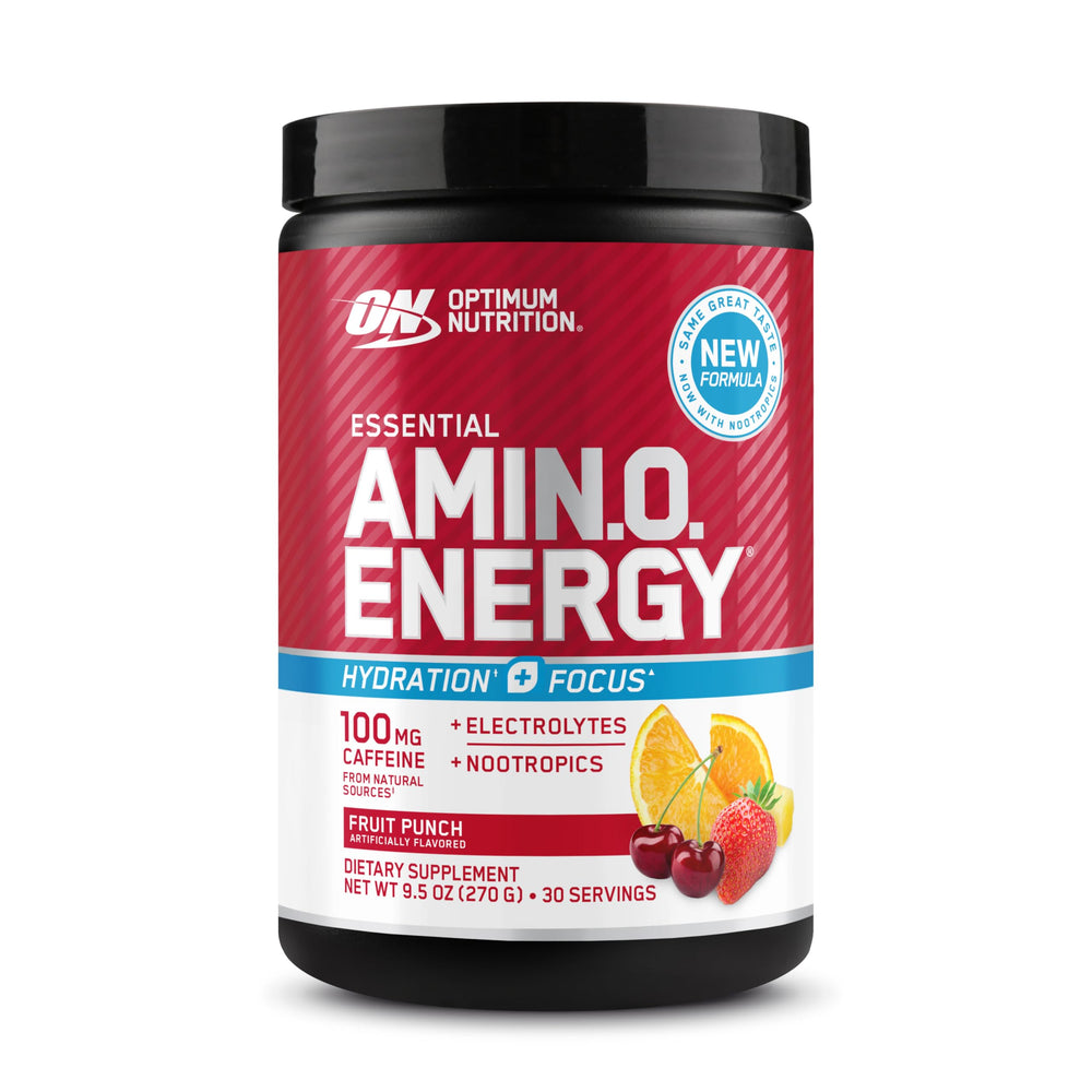 Optimum Nutrition Amino Energy Fruit Punch tub label shows energy and focus formula.