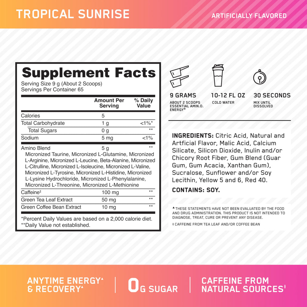 Optimum Nutrition Amino Energy Tropical Sunrise scoop mid-pour showing fast dissolving formula