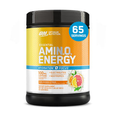 Optimum Nutrition Amino Energy tub closeup showcasing the Sunkissed Citrus flavor for energized workouts.