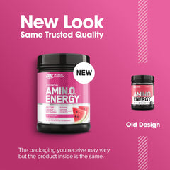 Optimum Nutrition Amino Energy Watermelon packaging emphasizes 65 servings and versatility