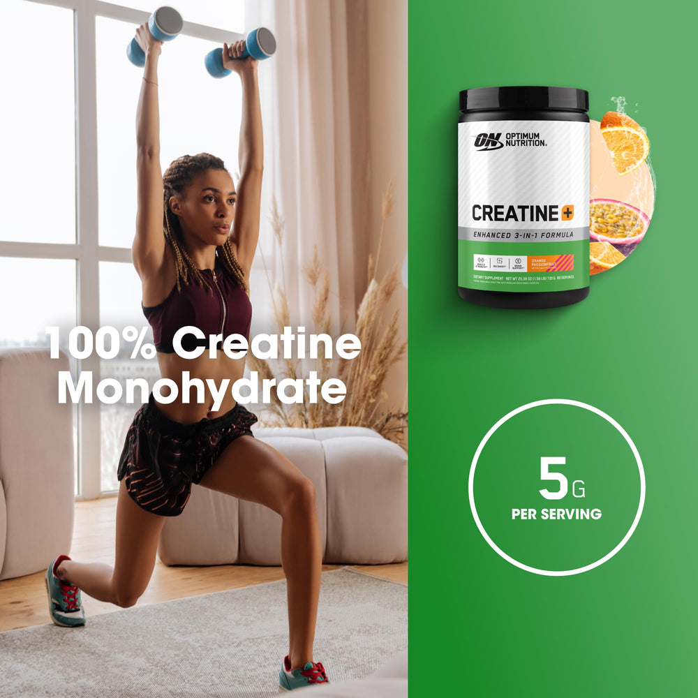 Optimum Nutrition Creatine Monohydrate Plus label closeup highlighting vitamins and electrolytes.