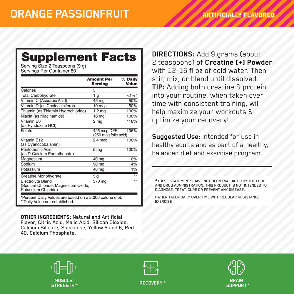 Optimum Nutrition Creatine Monohydrate Plus orange passionfruit glass for mixed shake hydration.