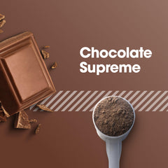 Scoop close-up shows powder texture of Gold Standard micellar casein chocolate supreme.