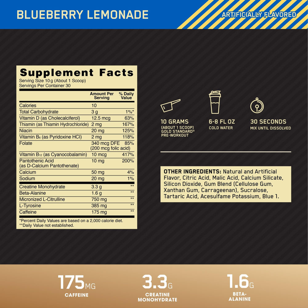 Optimum Nutrition Gold Standard Pre-Workout blue blueberry lemonade glass energizing
